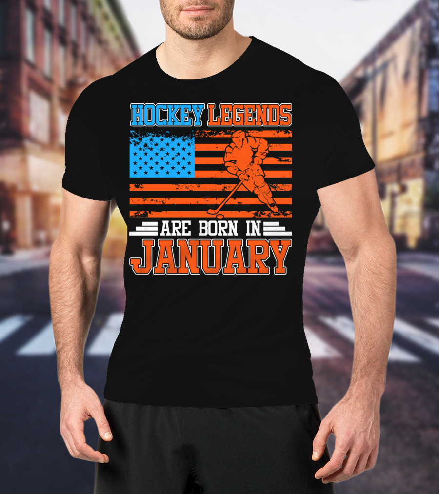 Hockey Legends Are Born In January With American Flag And Skater T-Shirt