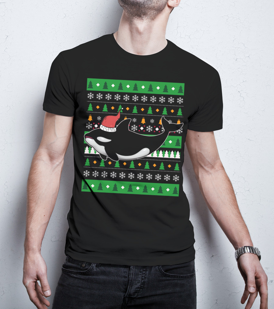 Orca Zookeeper Ugly Christmas Killer Whale Santa Hat Snowflakes Trees T-Shirt