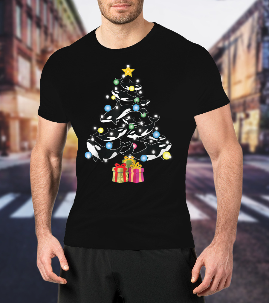 Christmas Orca Whales Tree With Gifts And Decorations T-Shirt