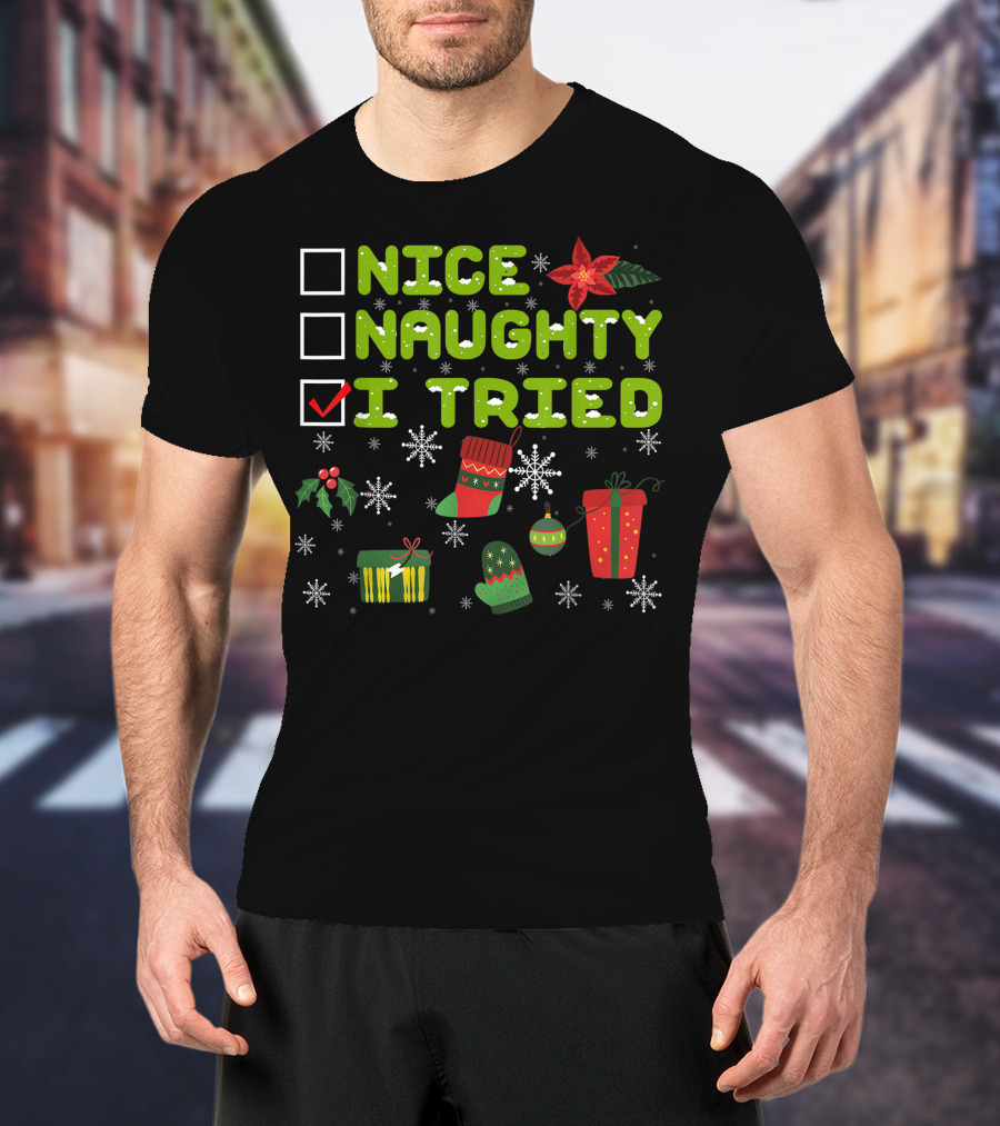 Nice Naughty I Tried Checklist Christmas Pajama With Holiday Icons T-Shirt
