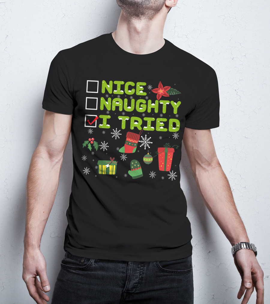 Nice Naughty I Tried Checklist Christmas Pajama With Holiday Icons T-Shirt