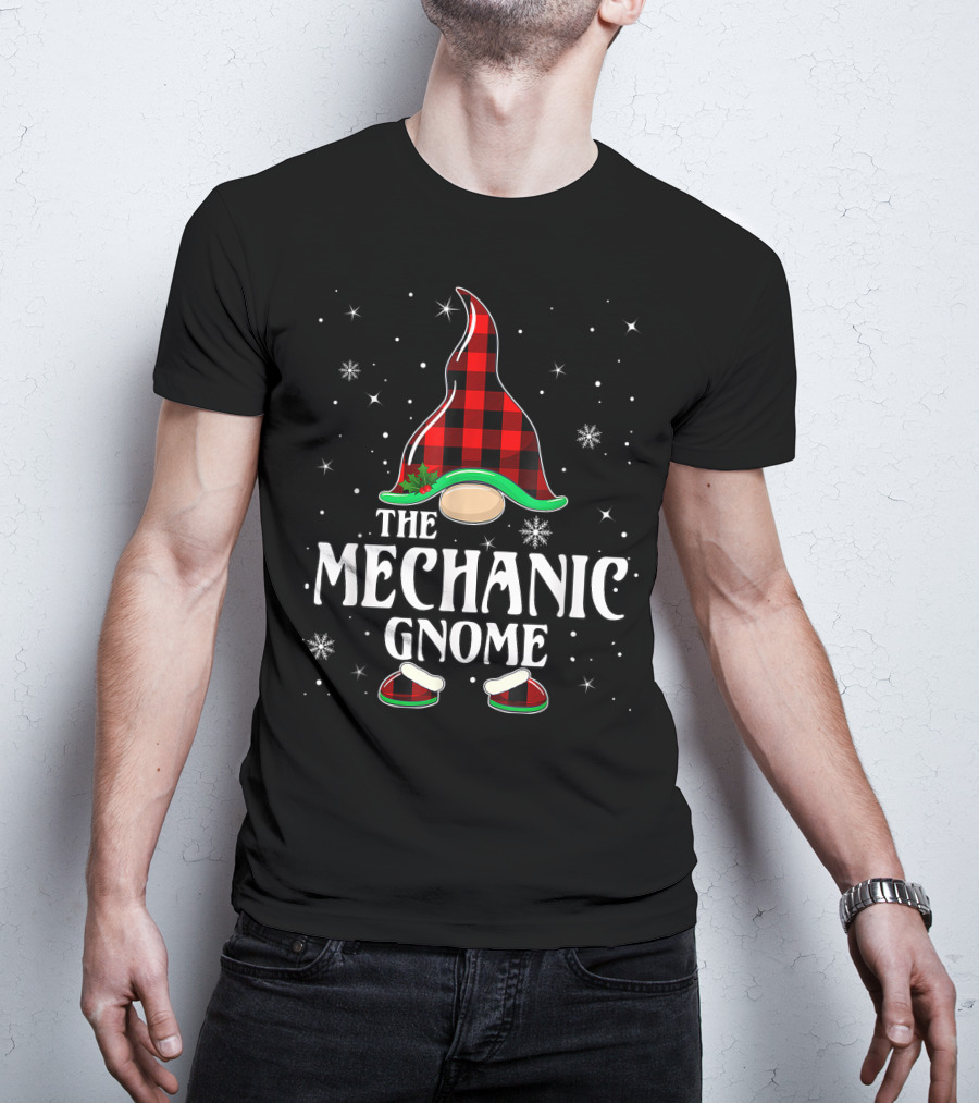 The Mechanic Gnome Buffalo Plaid Christmas Matching Family Holiday Snowflakes T-Shirt