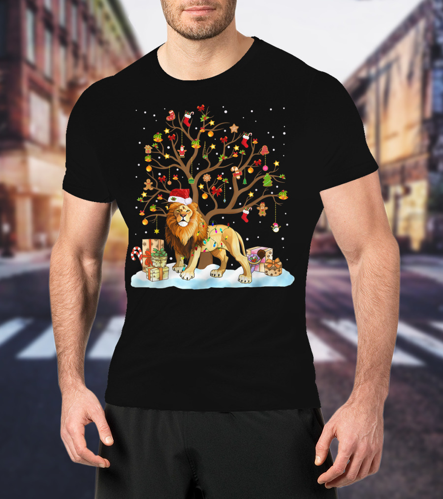Lion With Christmas Tree Ornaments And Gifts T-Shirt