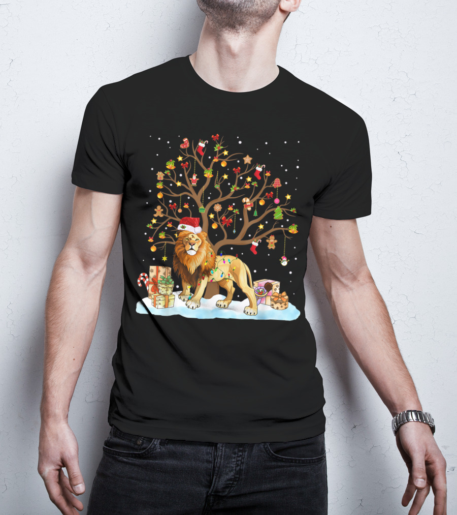 Lion With Christmas Tree Ornaments And Gifts T-Shirt