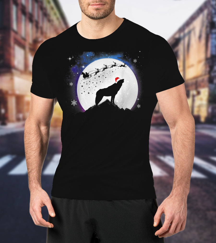 Wolf Santa Hat Full Moon Christmas Night T-Shirt