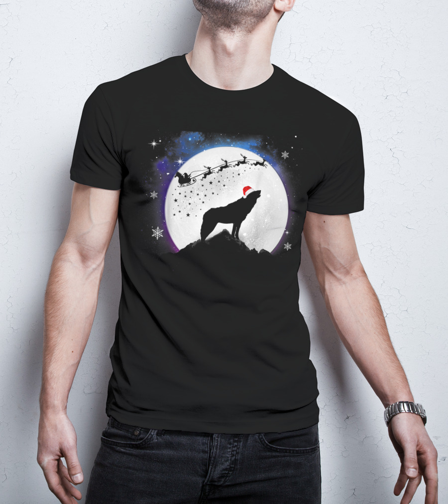 Wolf Santa Hat Full Moon Christmas Night T-Shirt