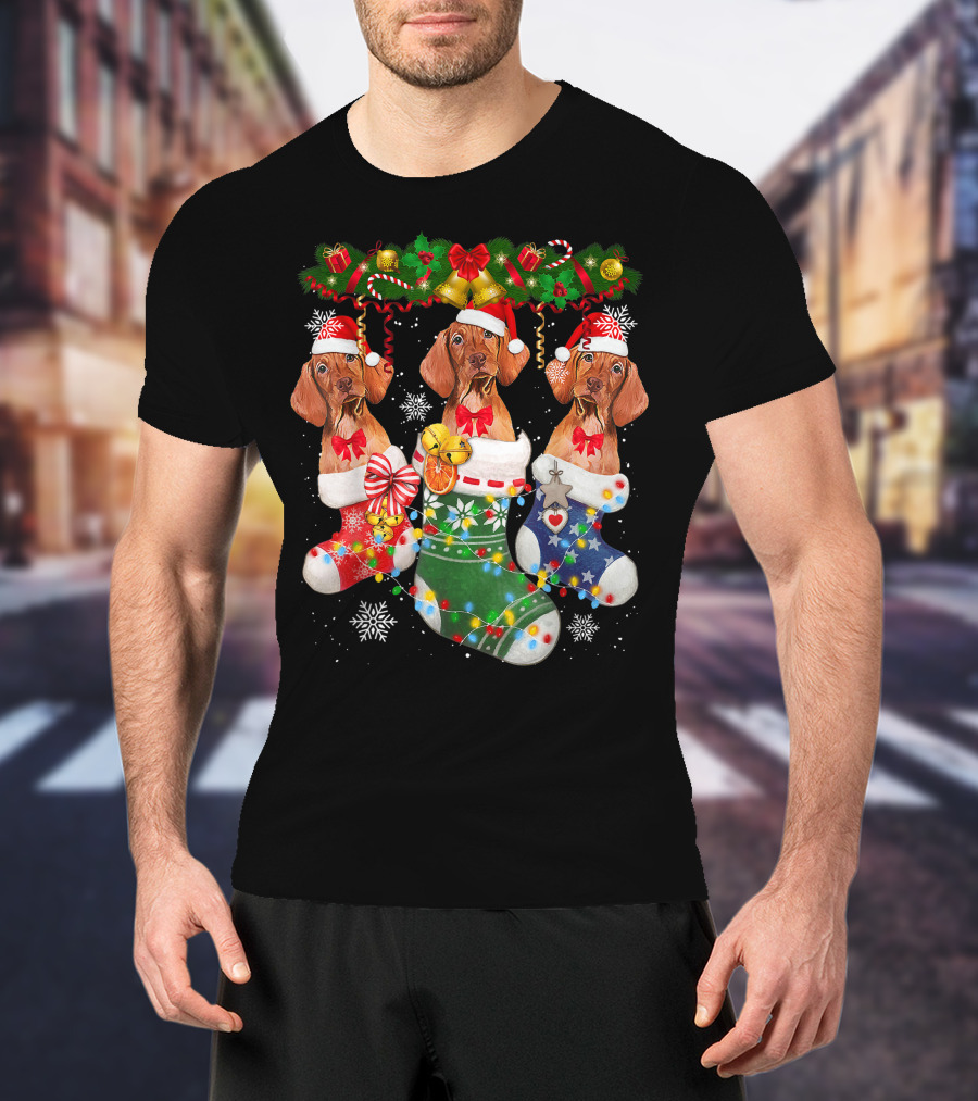 Vizsla Dogs In Christmas Stockings With Santa Hats And Holiday Decorations T-Shirt