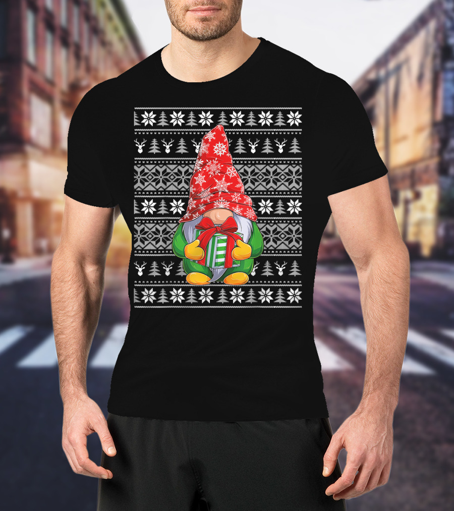 Ugly Christmas Sweater Gnome Holding Gifts With Snowflake Hat T-Shirt