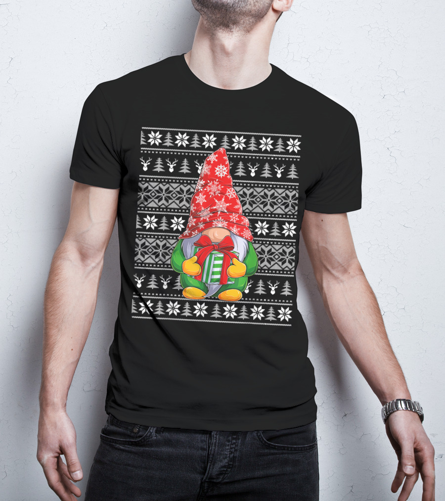 Ugly Christmas Sweater Gnome Holding Gifts With Snowflake Hat T-Shirt