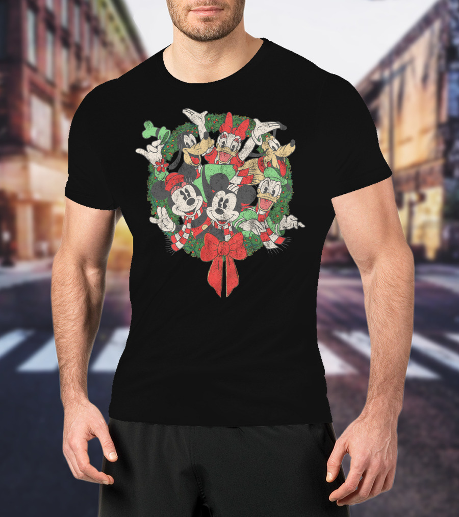 Disney Christmas Characters In Festive Wreath With Mickey, Minnie, Donald, Daisy, Goofy, Pluto T-Shirt