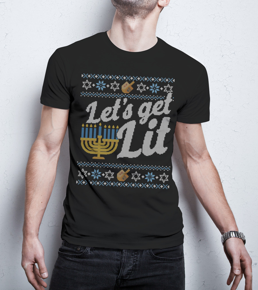 Let's Get Lit Menorah Hanukkah Dreidel Star Of David T-Shirt