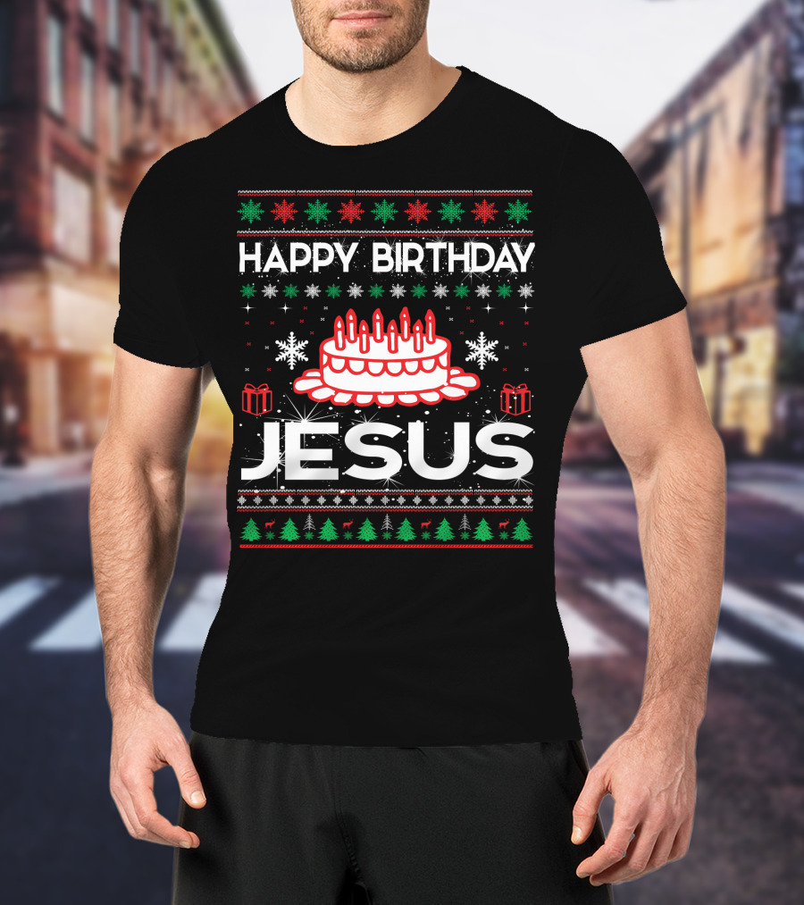 Happy Birthday Jesus Ugly Christmas Sweater Design With Cake And Snowflakes T-Shirt