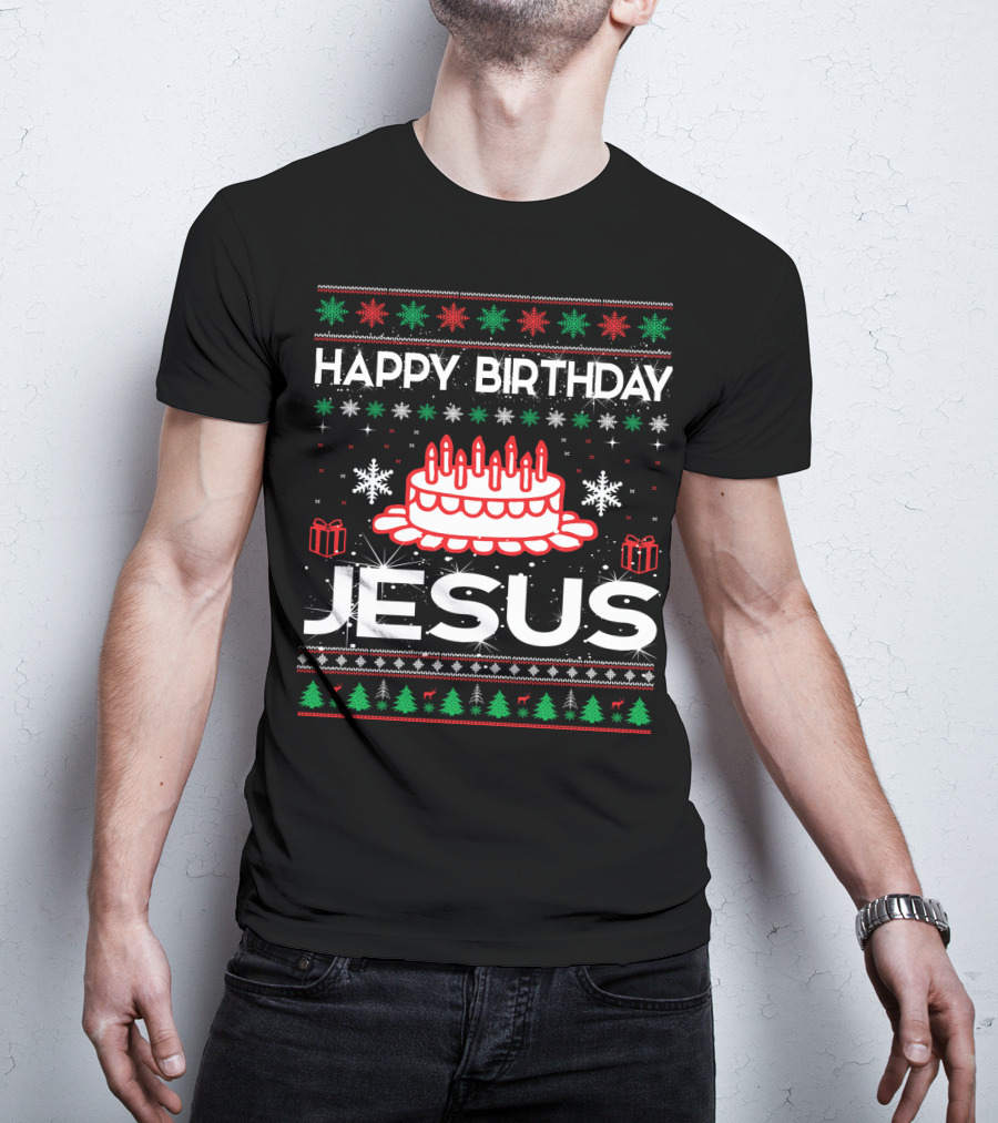 Happy Birthday Jesus Ugly Christmas Sweater Design With Cake And Snowflakes T-Shirt