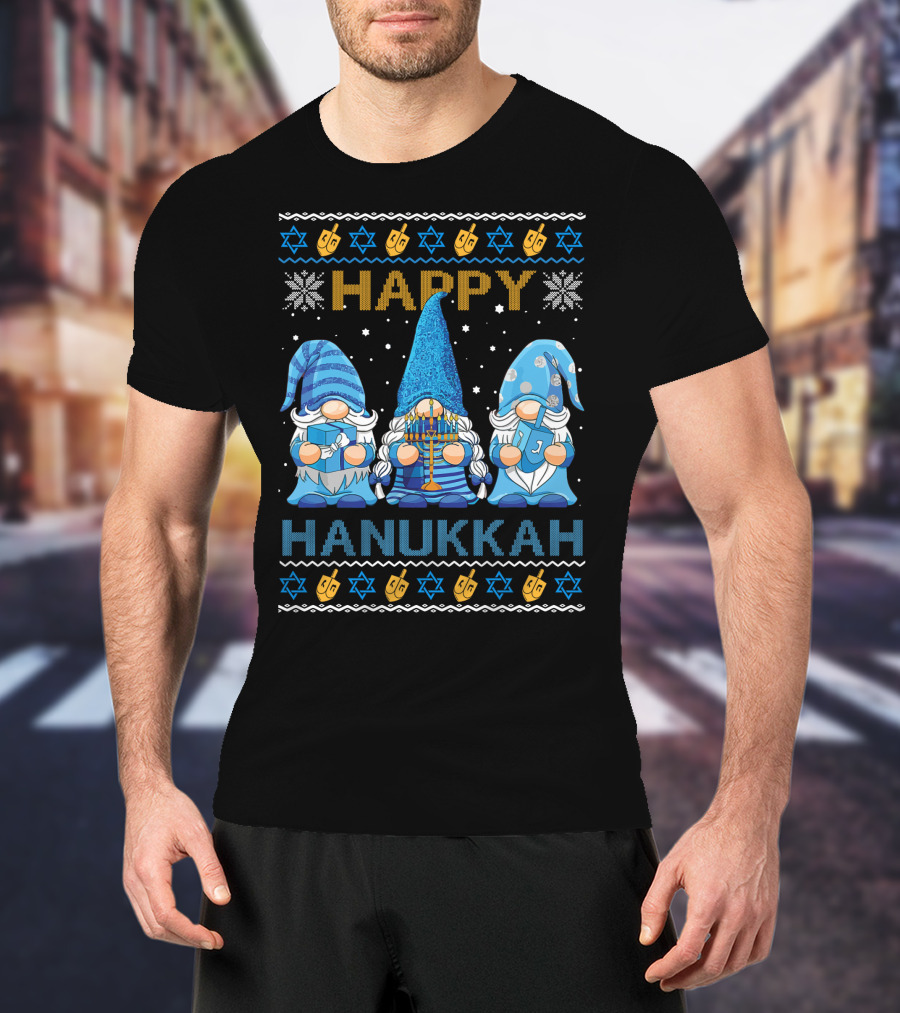 Happy Hanukkah Gnome Gnomies Menorah Dreidel Star Of David T-Shirt