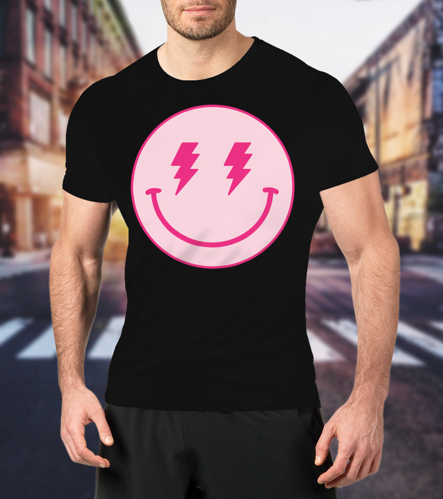 Lightning Bolt Smiley Face Pink Circle T-Shirt