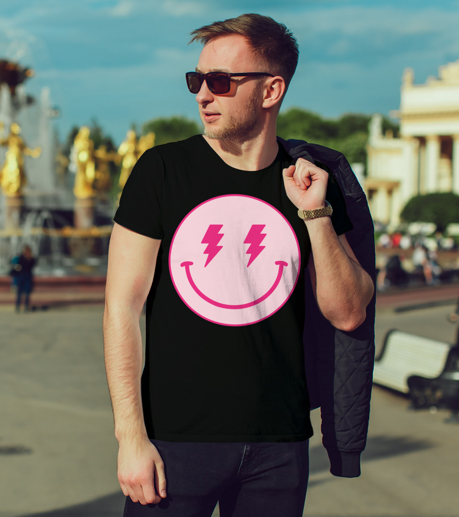 Lightning Bolt Smiley Face Pink Circle T-Shirt