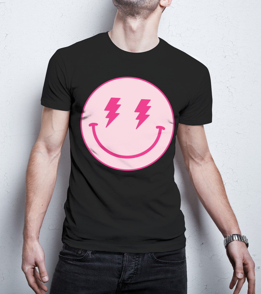 Lightning Bolt Smiley Face Pink Circle T-Shirt