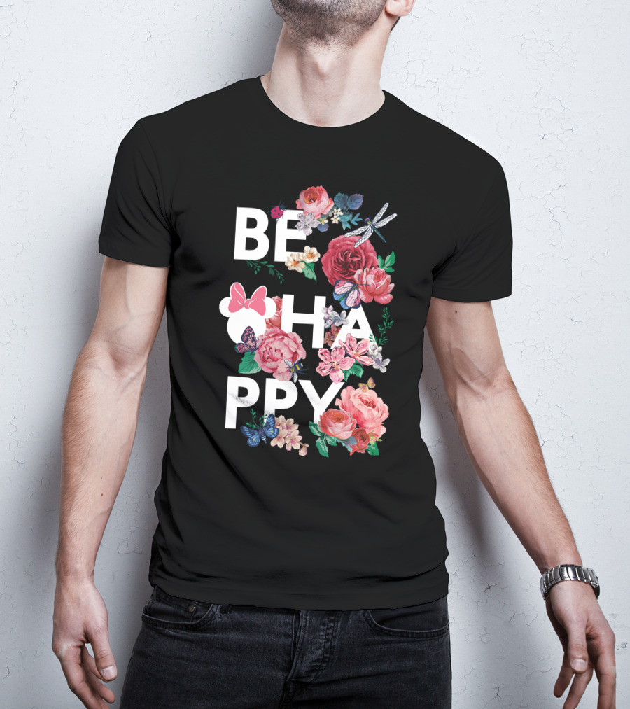 BE HAPPY Floral Minnie Mouse Butterflies And Dragonflies T-Shirt