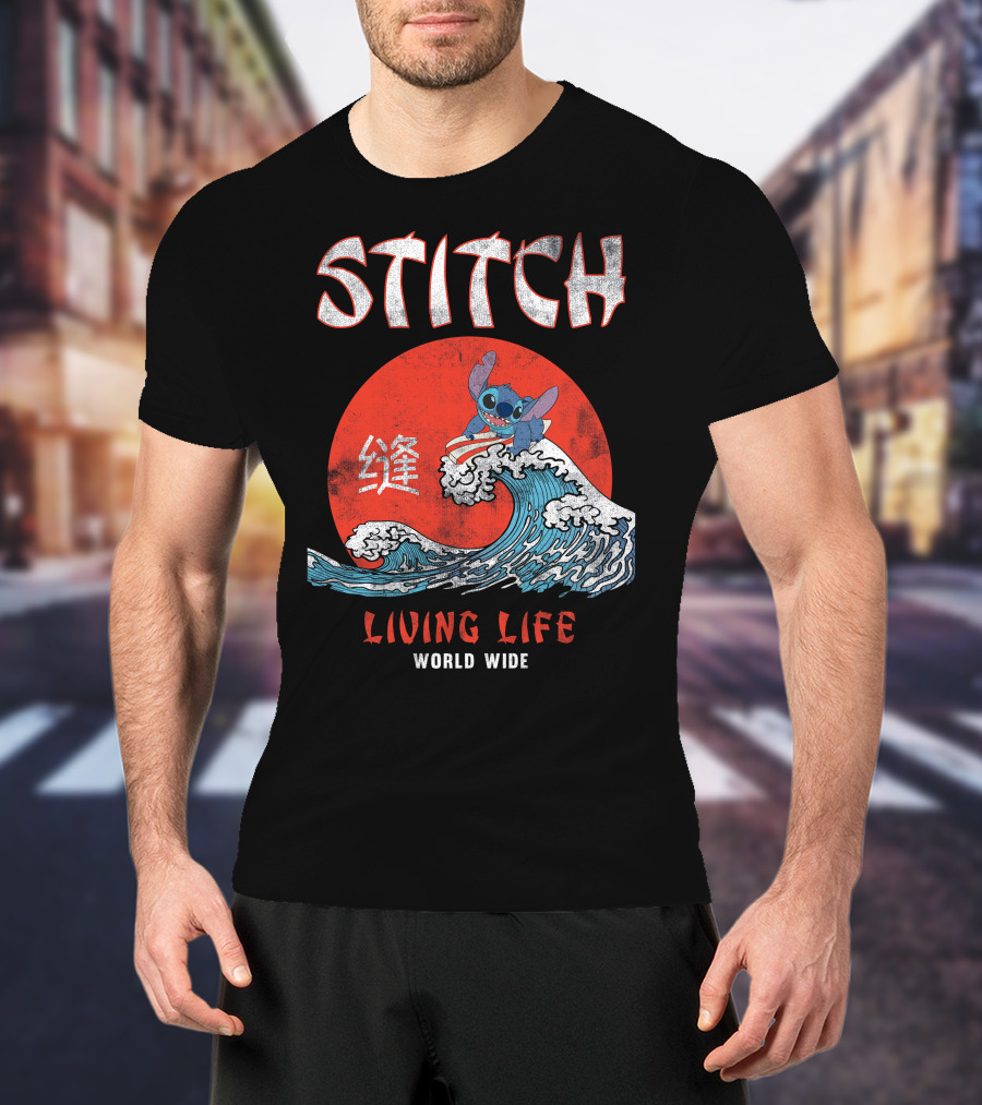 Stitch Living Life World Wide Wave Red Japanese Character T-Shirt