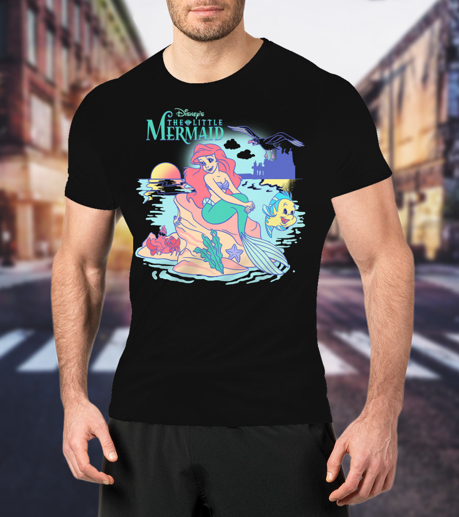 Disney's The Little Mermaid Ariel With Flounder And Sebastian By Castle At Sunset T-Shirt