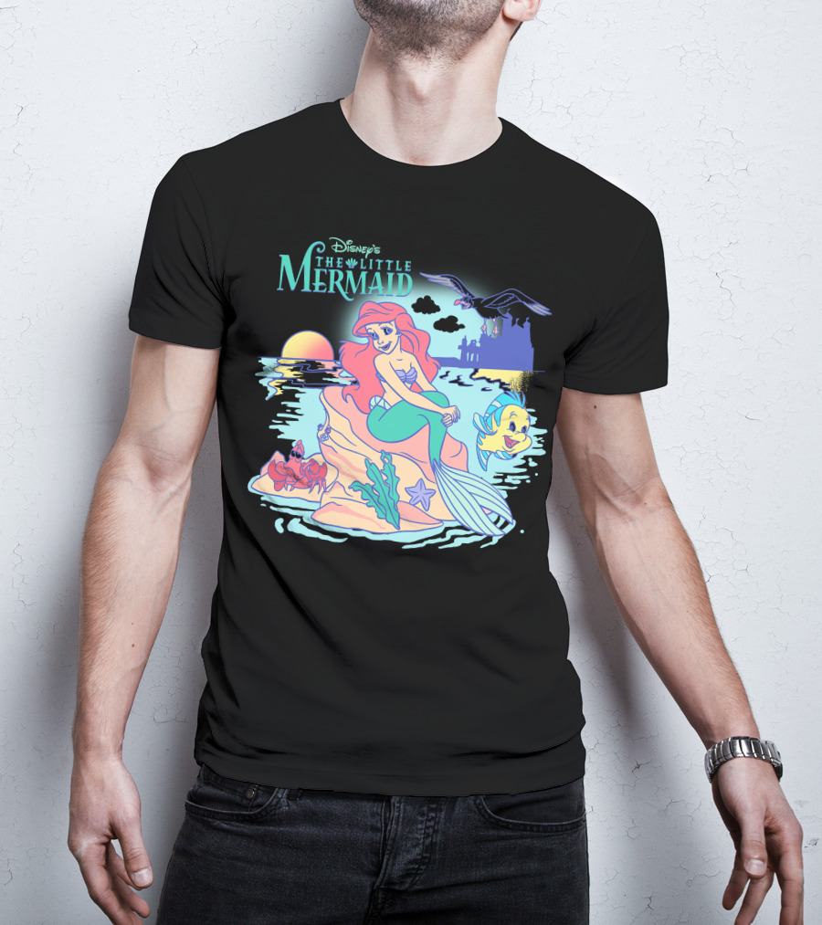 Disney's The Little Mermaid Ariel With Flounder And Sebastian By Castle At Sunset T-Shirt