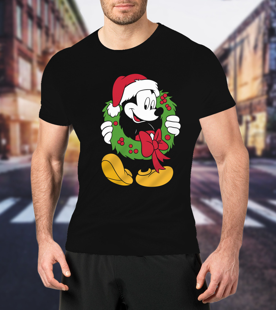 Disney Mickey Mouse Christmas Santa Hat Wreath Bow T-Shirt