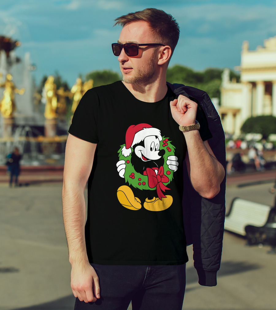 Disney Mickey Mouse Christmas Santa Hat Wreath Bow T-Shirt