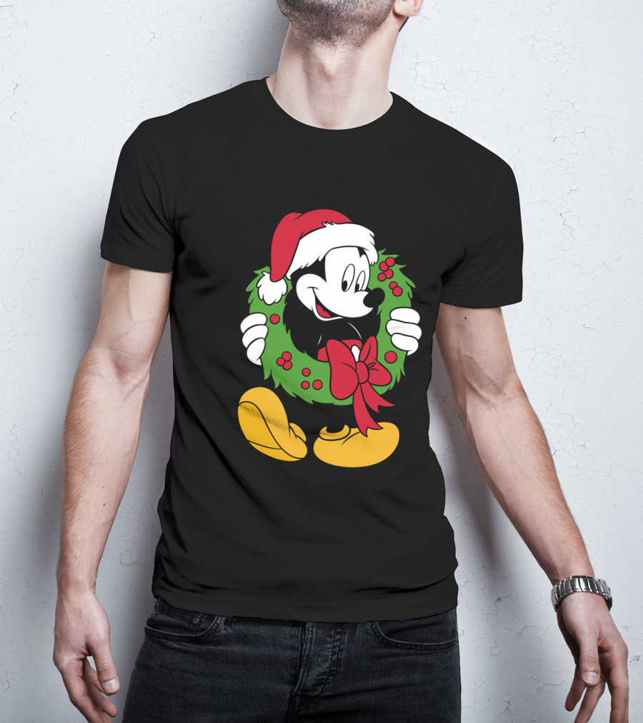 Disney Mickey Mouse Christmas Santa Hat Wreath Bow T-Shirt
