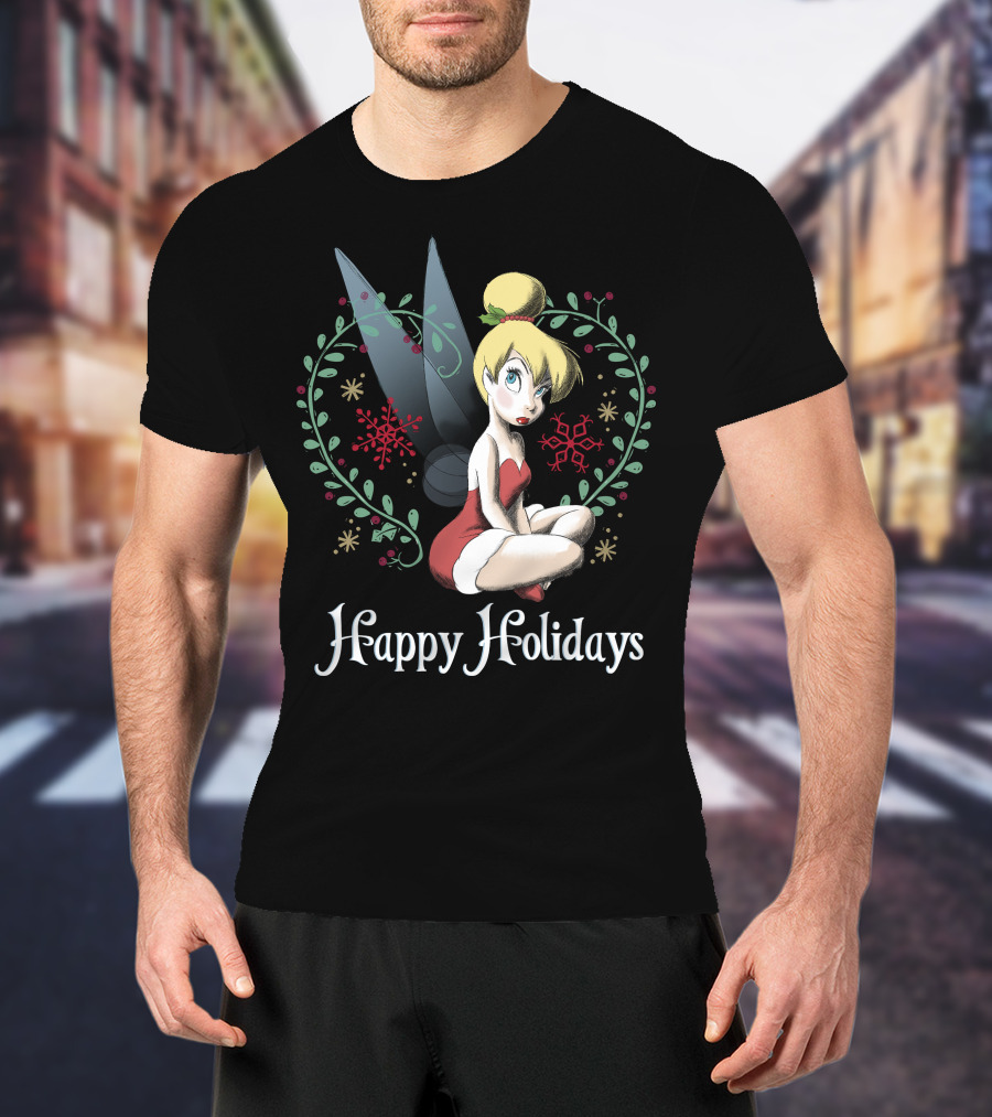 Disney Peter Pan Tinkerbell Happy Holidays Christmas Snowflakes T-Shirt