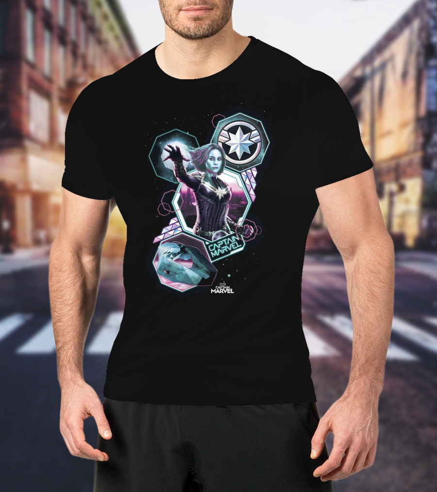 Captain Marvel Cosmic Starburst And Hexagonal Elements T-Shirt