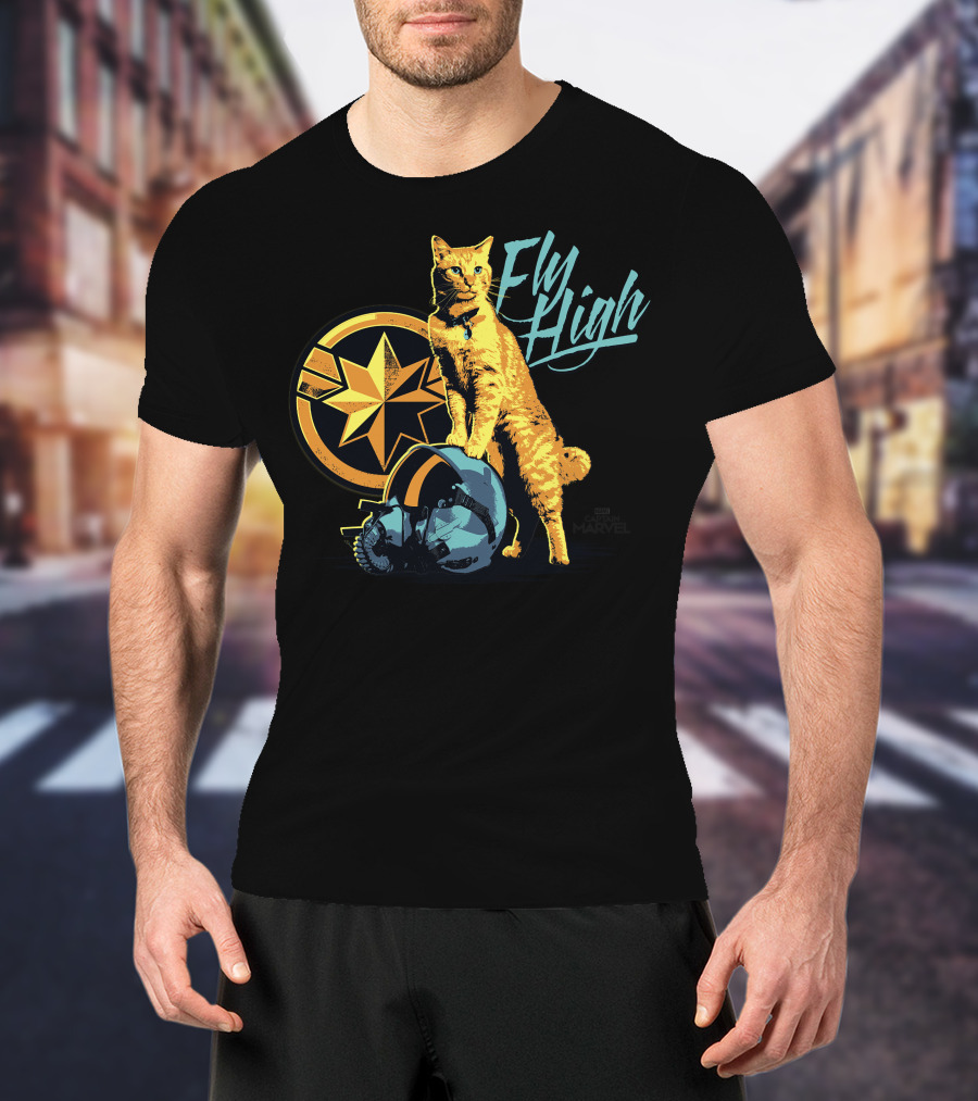 Captain Marvel Symbol Fly High Goose Cat Helmet T-Shirt