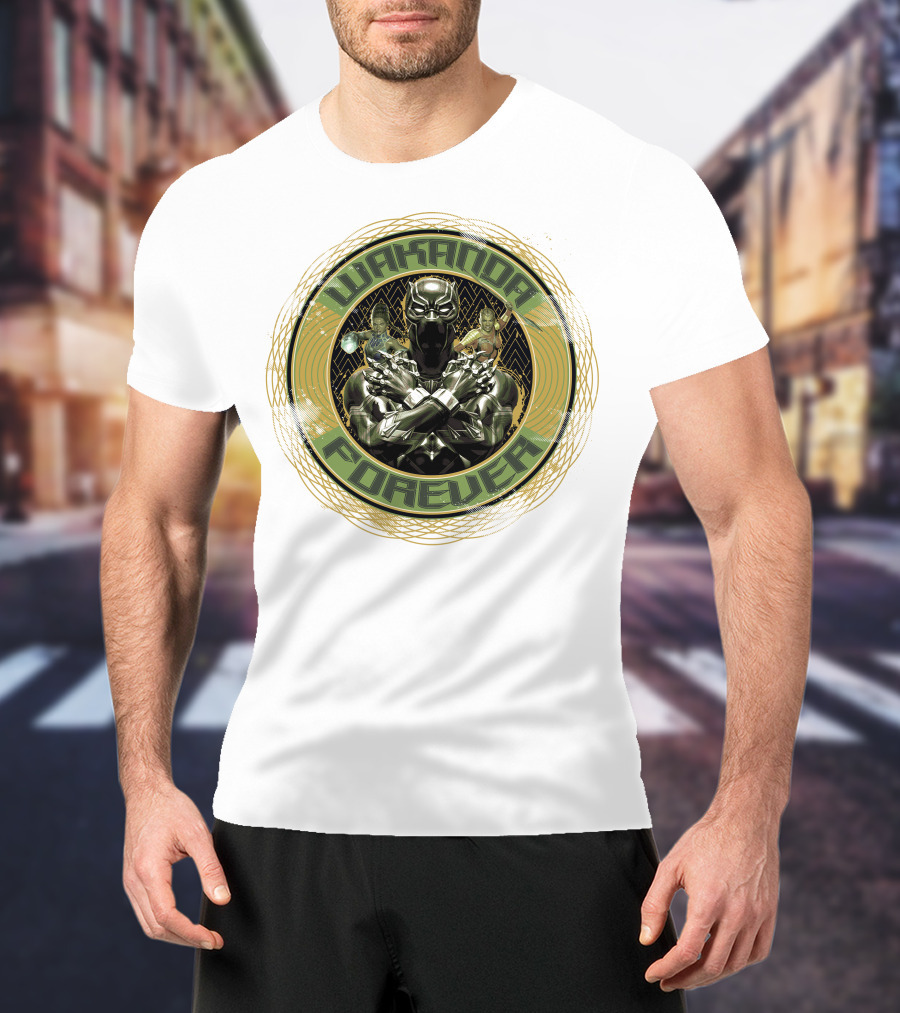Wakanda Forever Black Panther Gold Circle Marvel T-Shirt