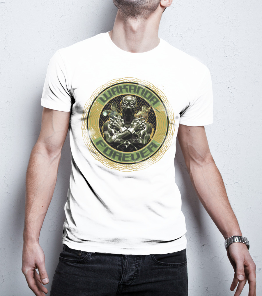 Wakanda Forever Black Panther Gold Circle Marvel T-Shirt