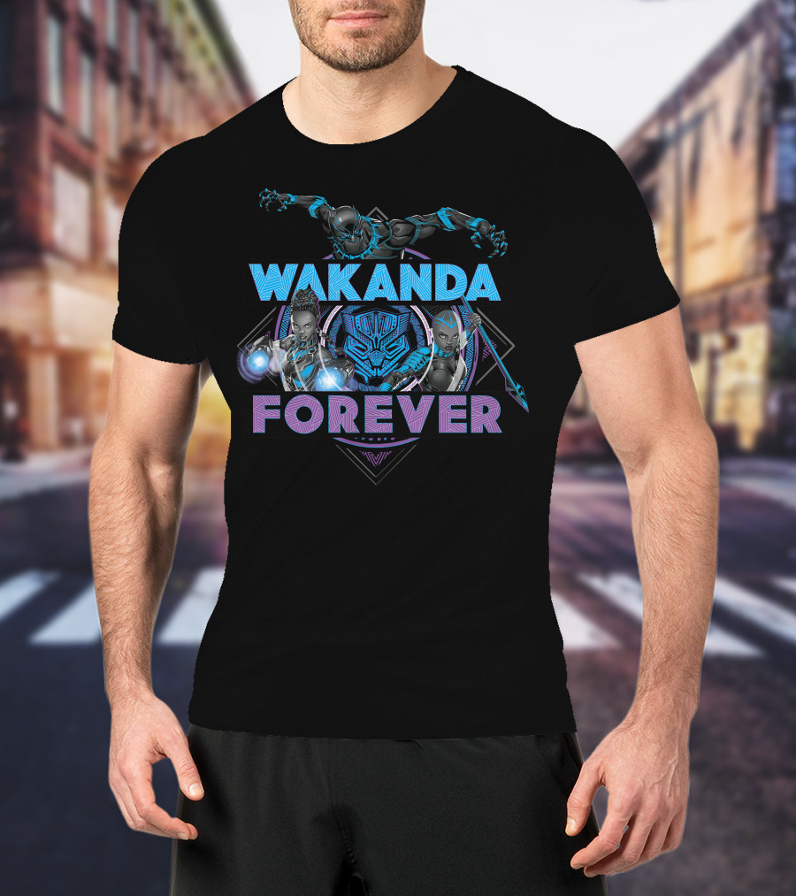 Wakanda Forever Marvel Black Panther Group Shot Blue Purple T-Shirt