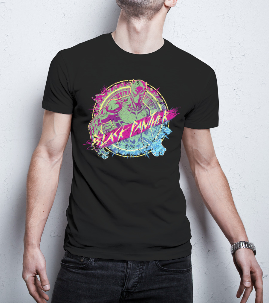 Black Panther Neon Paint Splatter Marvel Text T-Shirt