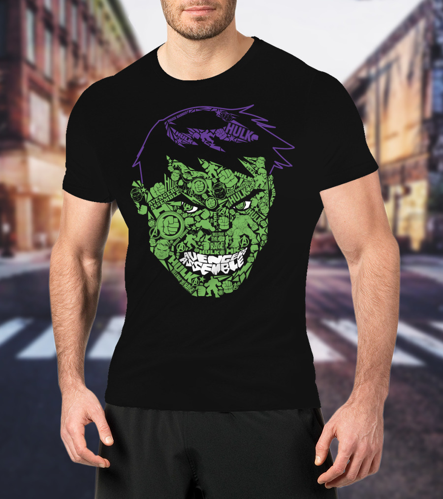 Avengers Assemble Hulk Rage Face With Smash Symbol And Purple Hair Elements T-Shirt