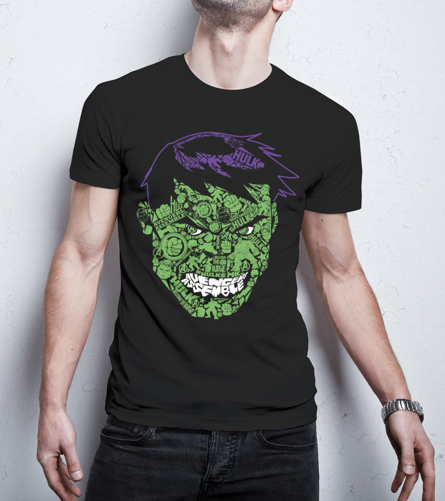 Avengers Assemble Hulk Rage Face With Smash Symbol And Purple Hair Elements T-Shirt