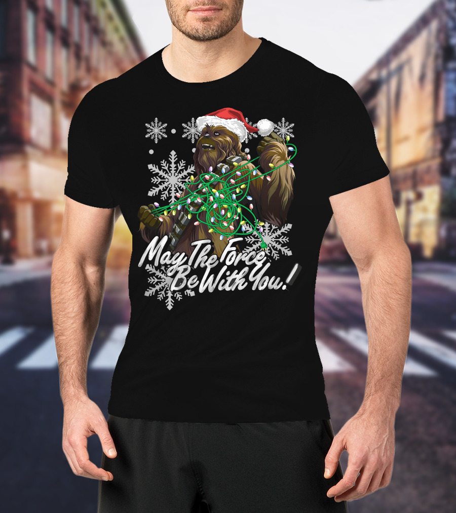 May The Force Be With You Chewbacca Santa Hat Tangled Lights Snowflakes T-Shirt