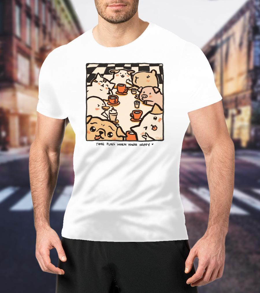Time Flies When You're Happy With Cute Animals At Coffee Table T-Shirt