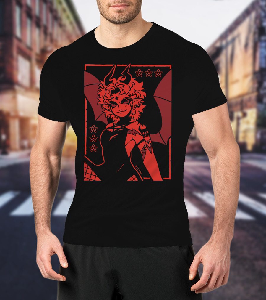 He's Satanic Red Devil Horned Figure With Bat Wings And Stars By Bitol T-Shirt