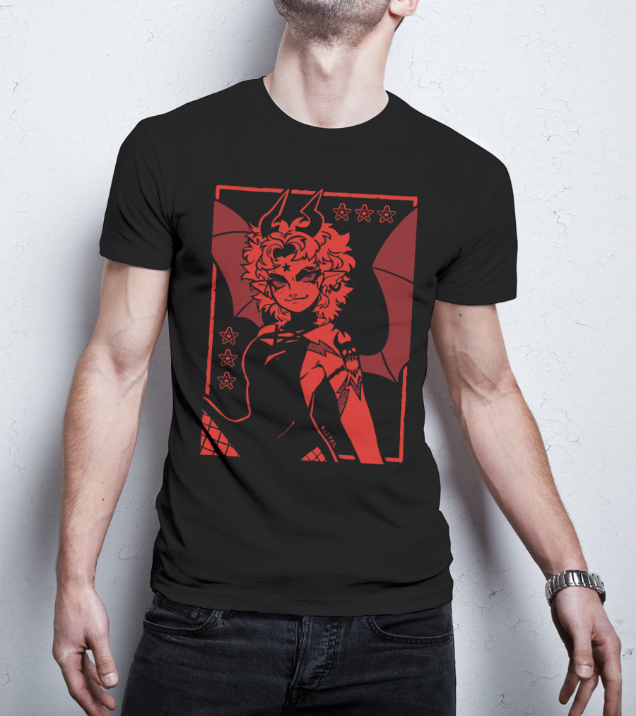 He's Satanic Red Devil Horned Figure With Bat Wings And Stars By Bitol T-Shirt