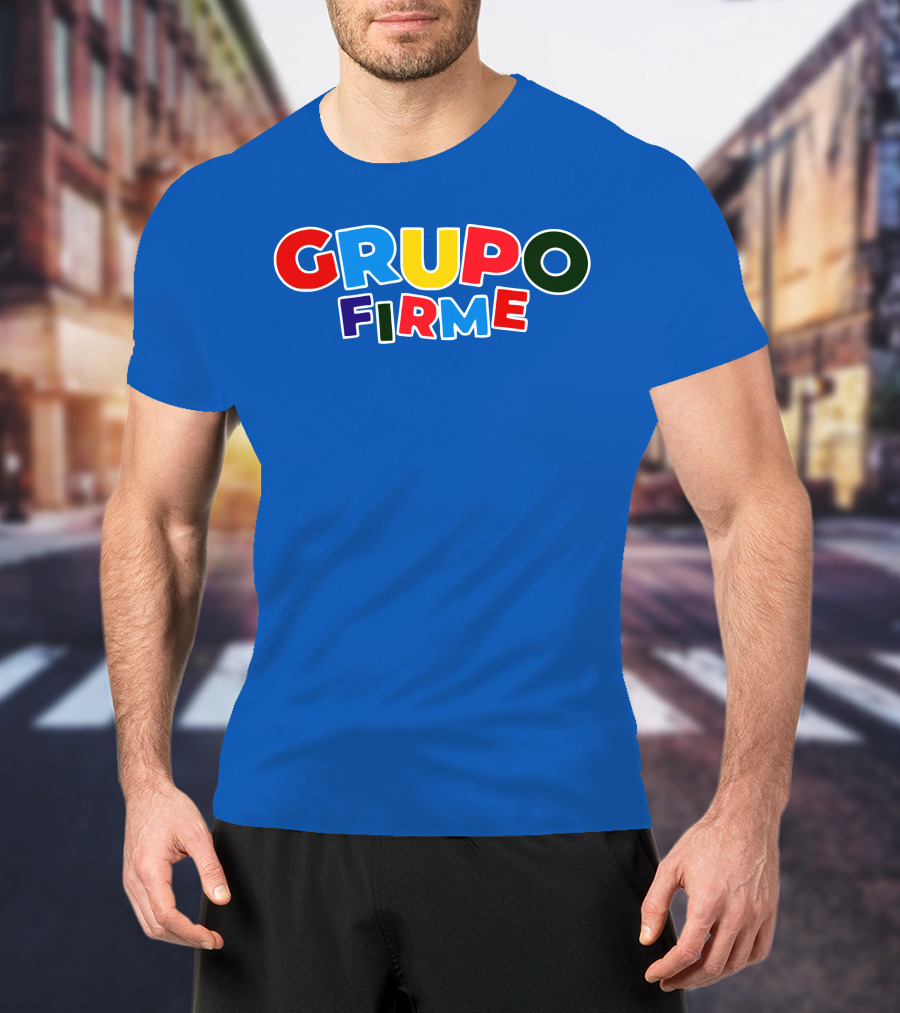 GRUPO FIRME Merch Bold Colorful Text On Blue T-Shirt