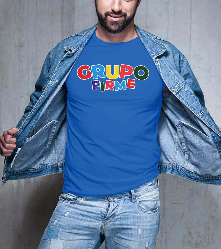 GRUPO FIRME Merch Bold Colorful Text On Blue T-Shirt