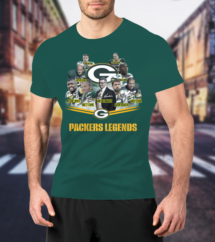 Packers Legends Vince Lombardi Reggie White Brett Favre Aaron Rodgers Ray Nitschke Bart Starr Curly Lambeau Paul Hornung T-Shirt