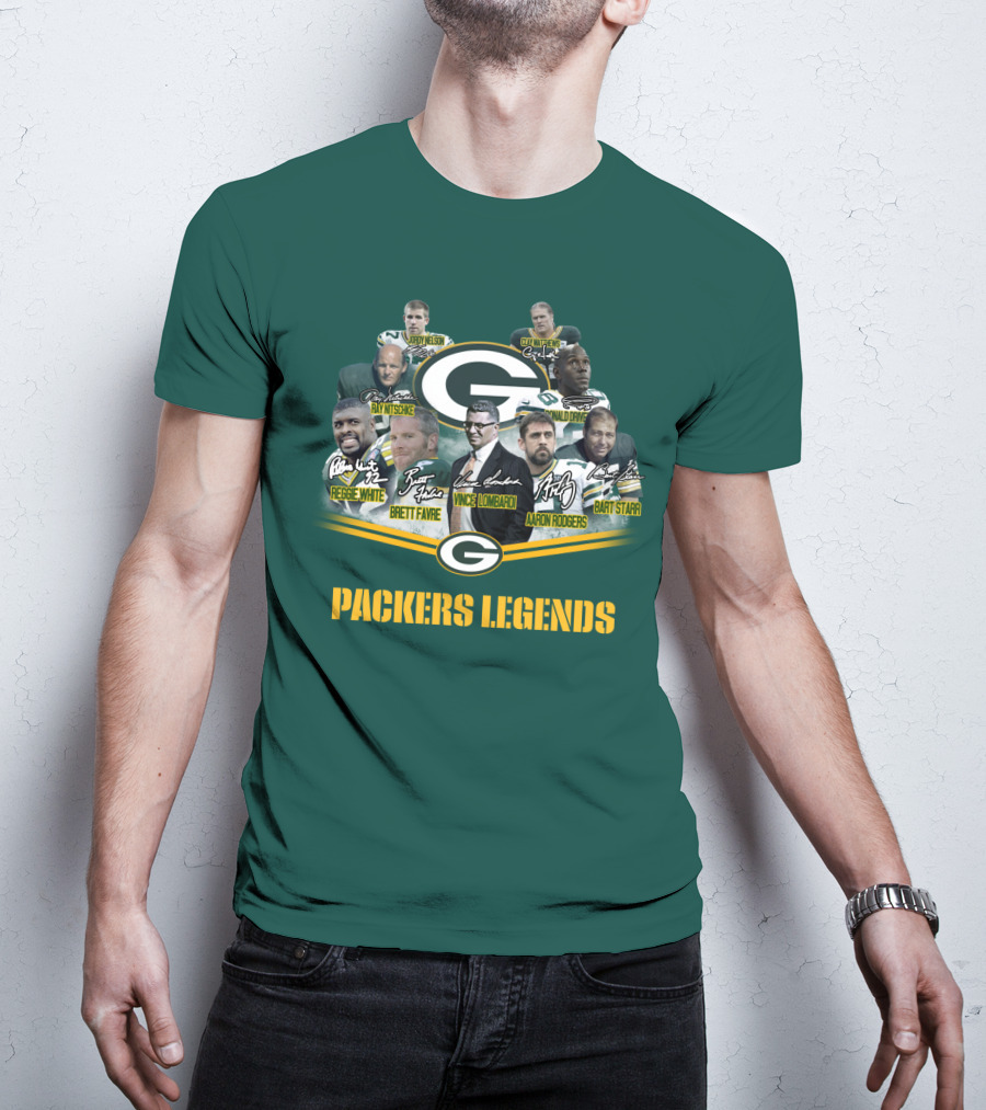 Packers Legends Vince Lombardi Reggie White Brett Favre Aaron Rodgers Ray Nitschke Bart Starr Curly Lambeau Paul Hornung T-Shirt