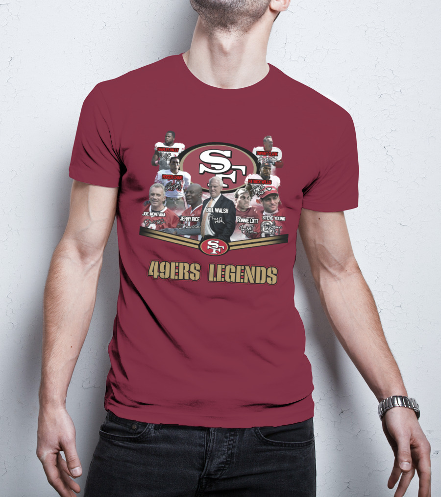 49ers Legends Joe Montana Jerry Rice Ronnie Lott Steve Young Charles Haley Roger Craig Dwight Clark Patrick Willis Bill Walsh T-Shirt