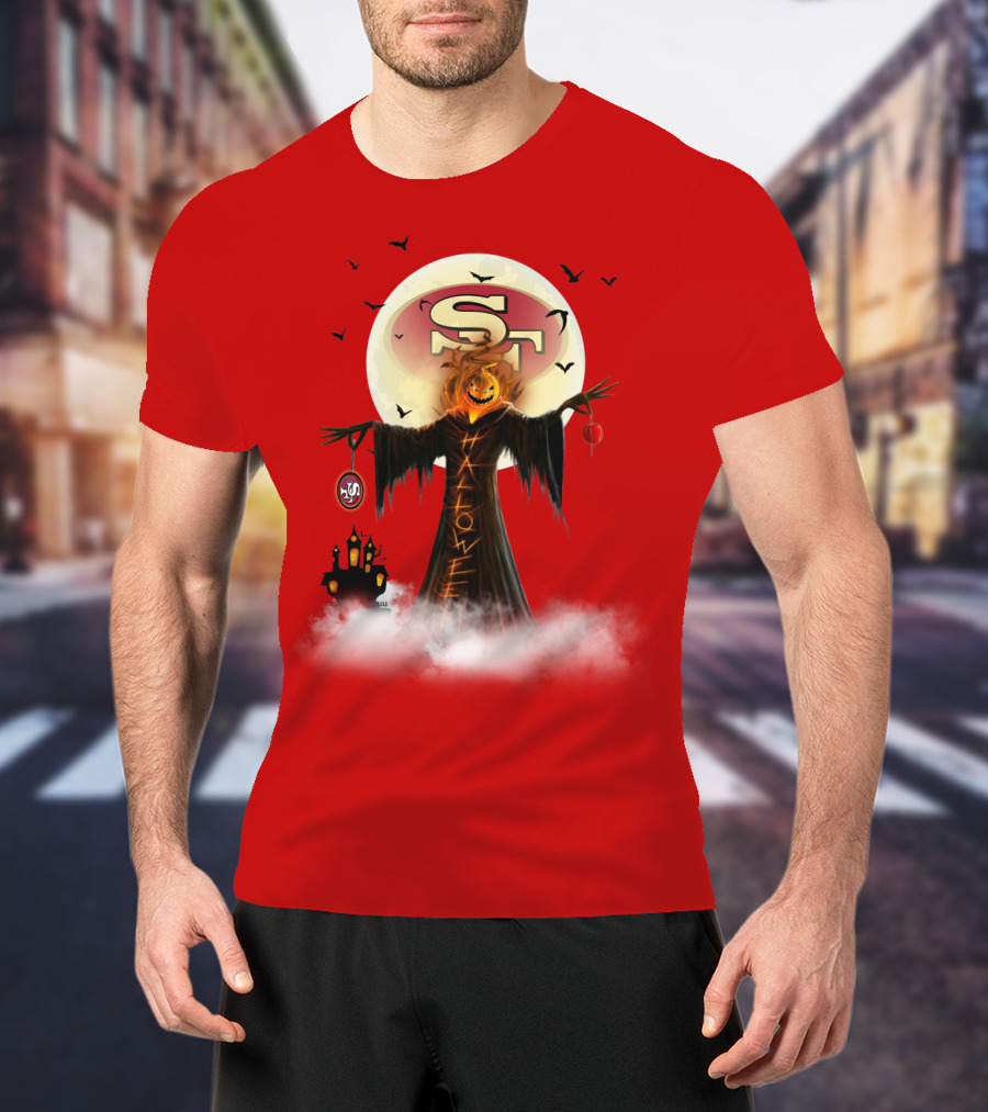 Halloween Scarecrow With Sf Logo And Haunted Castle T-Shirt