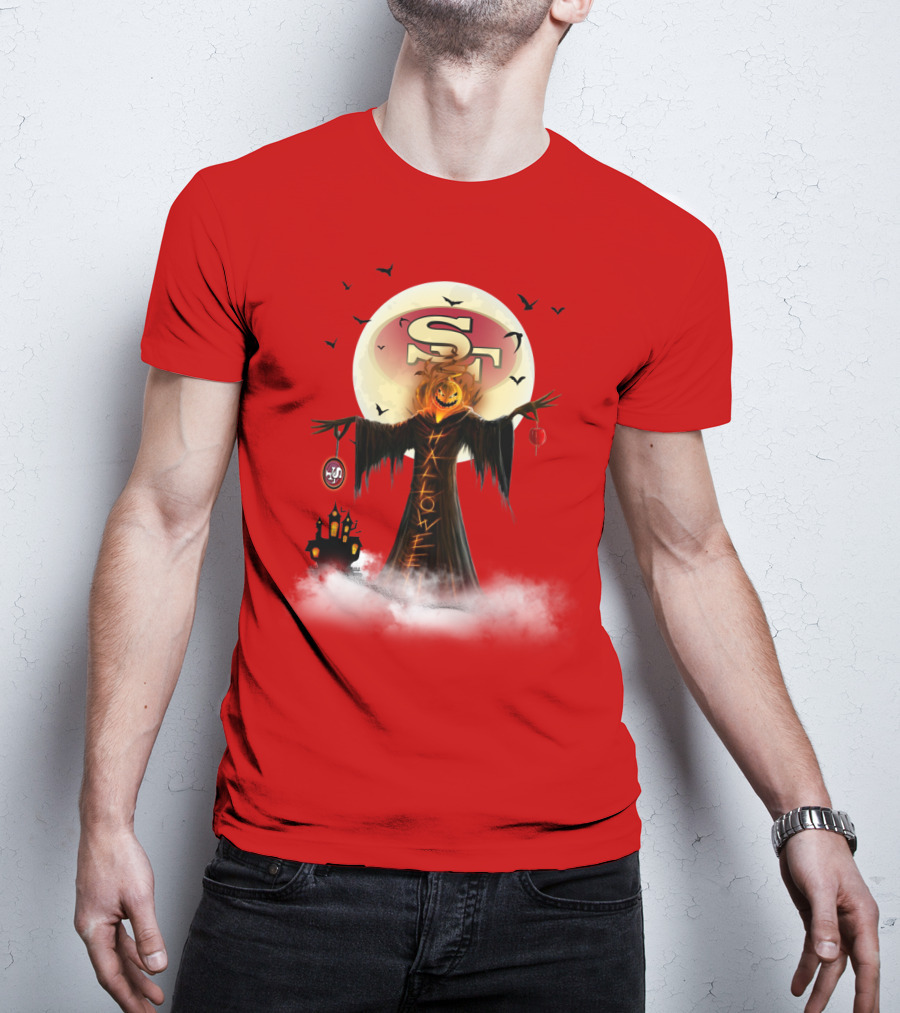 Halloween Scarecrow With Sf Logo And Haunted Castle T-Shirt