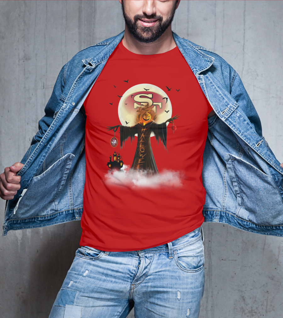 Halloween Scarecrow With Sf Logo And Haunted Castle T-Shirt
