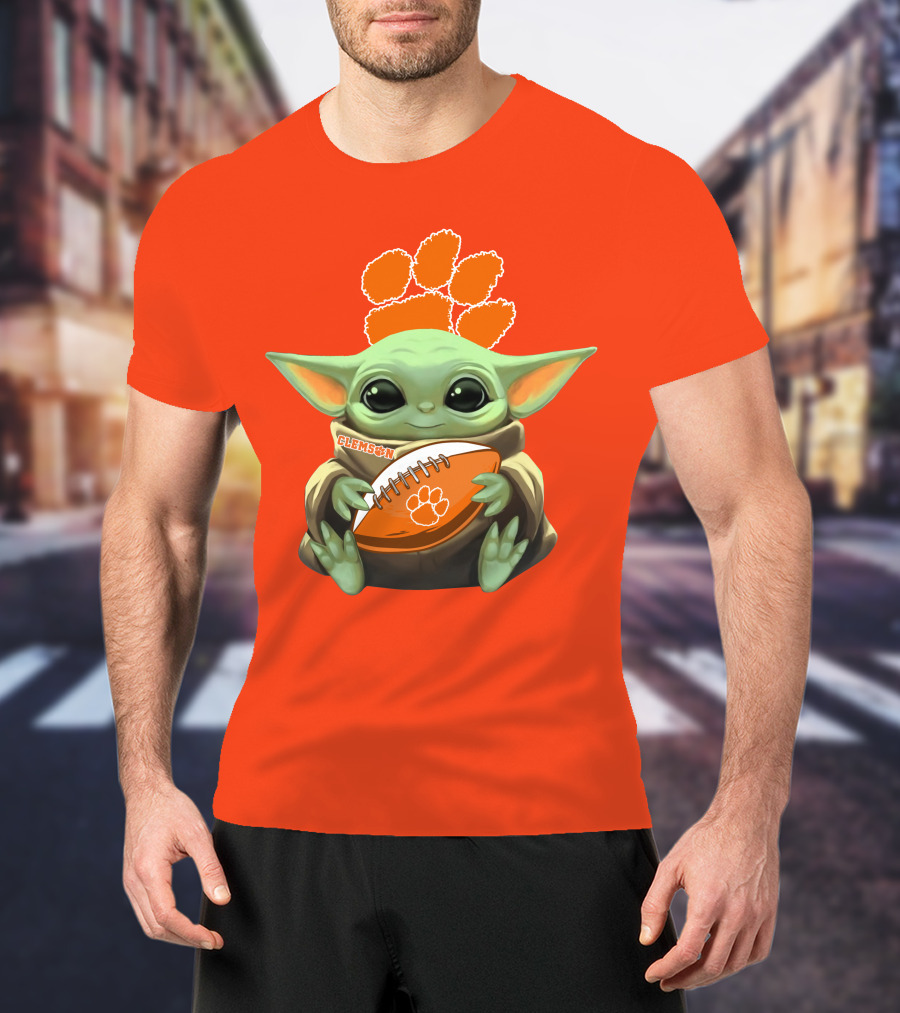 Clemson Orange Paw Baby Yoda Football T-Shirt